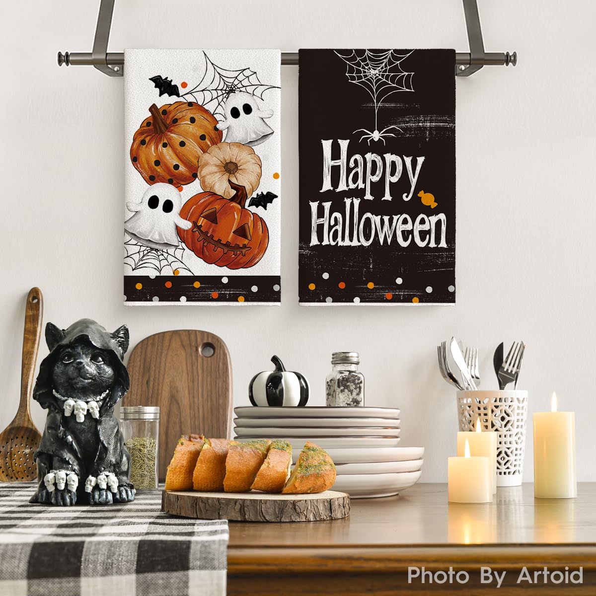 Artoid Mode Black Polka Dot Pumpkin Ghost Halloween Kitchen Towels Dish Towels, 18x26 Inch Farmhouse Bat Cobweb Decoration Hand Towels Set of 4