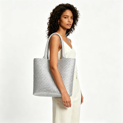 BAGOK Woven Tote Bag for Women, Handwoven Vegan Leather Shoulder Bag with Zipper Clutch, Large Tote Purse for Work, Travel, Beach & Weekend Getaway