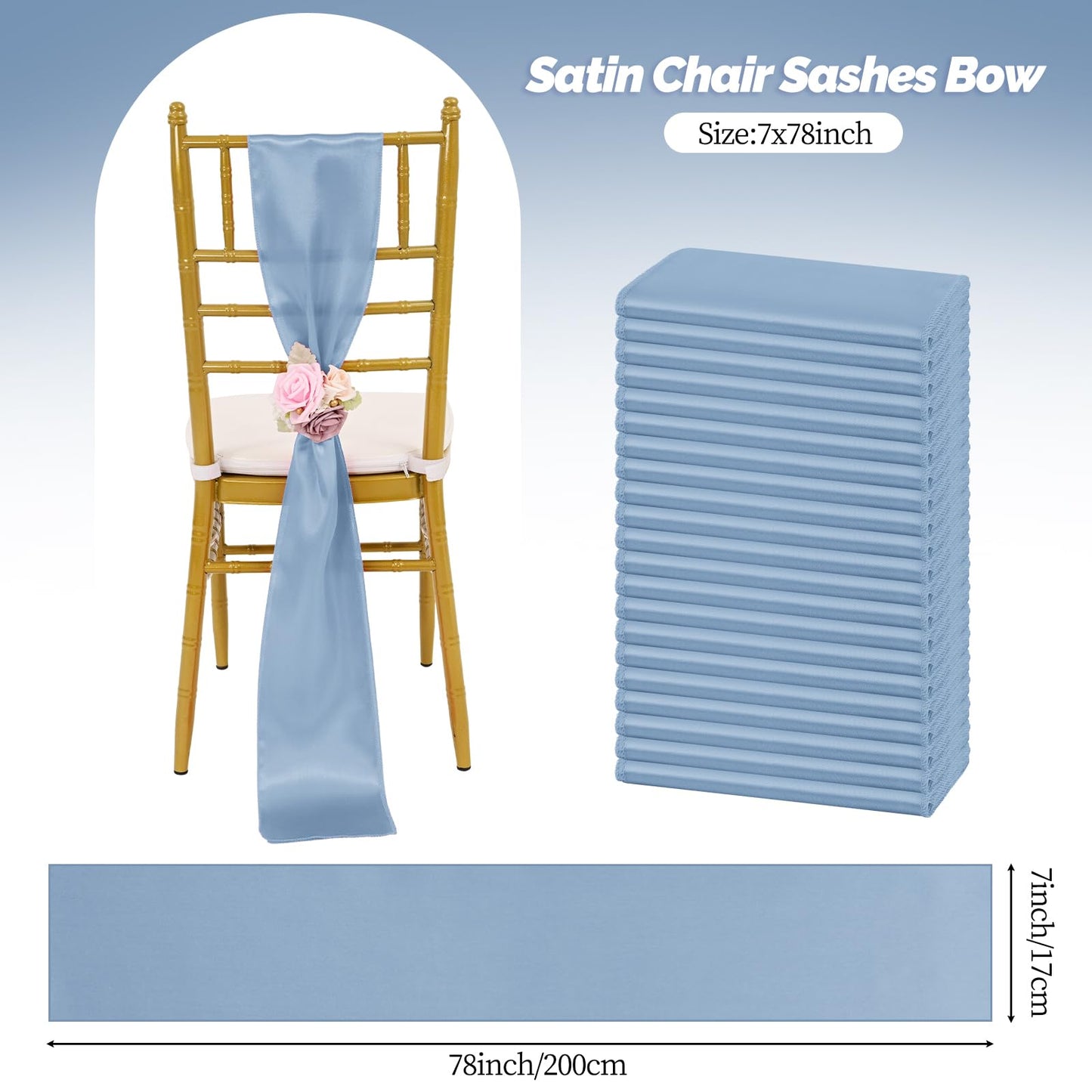 REWOMC 60 PCS 7x78 Inch Dusty Blue Satin Chair Sashes Bows Suitable for Various Occasions Such as Weddings Banquets Parties, Graduation Ceremonies Etc