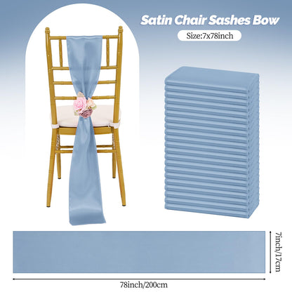 REWOMC 60 PCS 7x78 Inch Dusty Blue Satin Chair Sashes Bows Suitable for Various Occasions Such as Weddings Banquets Parties, Graduation Ceremonies Etc