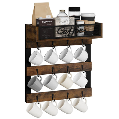 YINMIT Coffee Mug Holder with 12 Hooks, Coffee Cup Holder Wall Mounted with Top Shelf, Mug Organizer for Home Kitchen, Brown