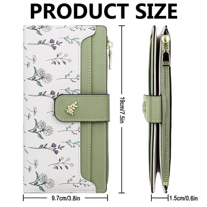Farcauo Wallet Women Slim Wallets for Women with RFID Blocking Cute Thin Green Women's Wallet Kawaii Flower Womens Ladies Card Holder Wallets