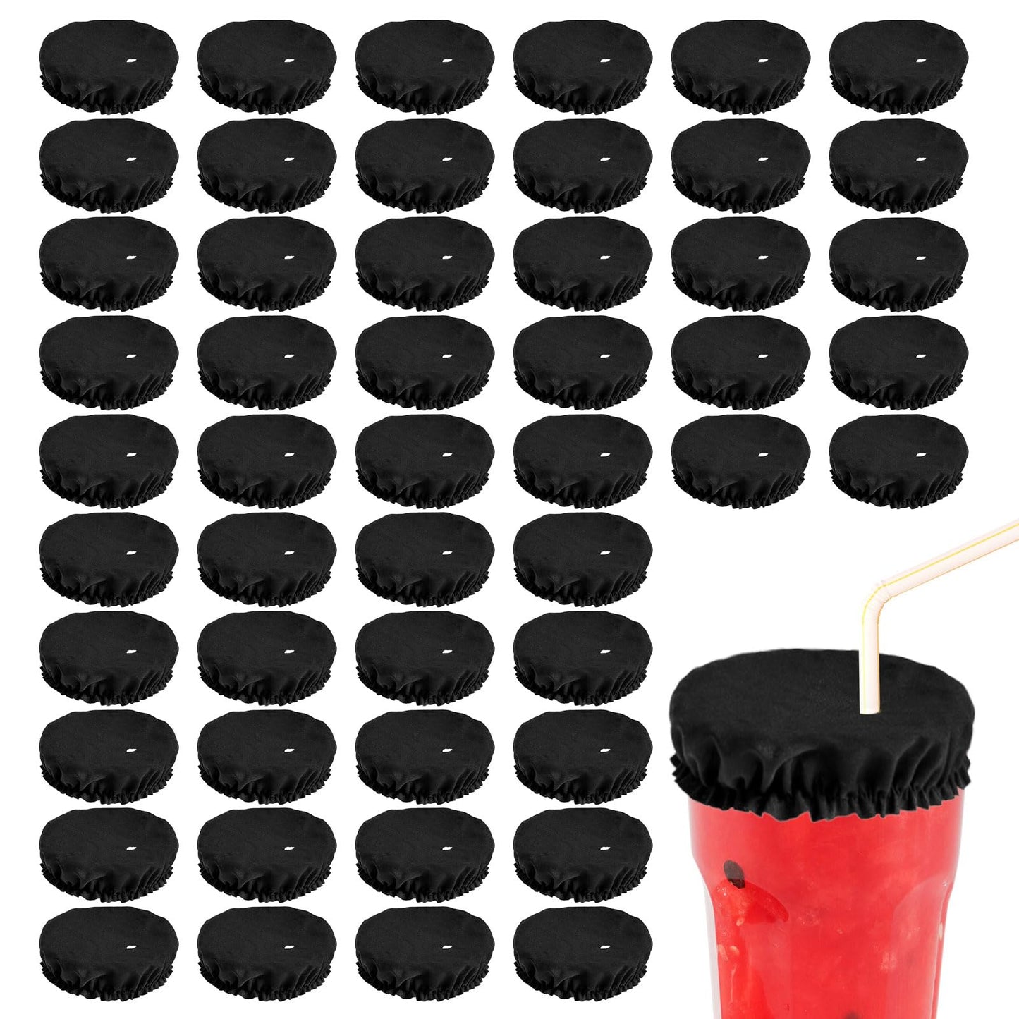 50pcs Drink Covers, Polyester Elastic Stretchable Washable Drink Protector with Straw Hole Bottle Protection Accessories Fits Most Cups for Bar Club Party (Black)