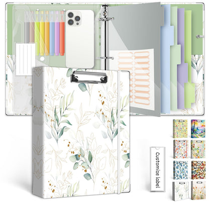 3 Ring 1 Inch Binder Organizer, KLLVE Three Ring Binders with Clipboard, 5 Pocket Divider with tabs, Folder, 18 Divider Stikers, Pen Loop (Leaves, Letter Size)