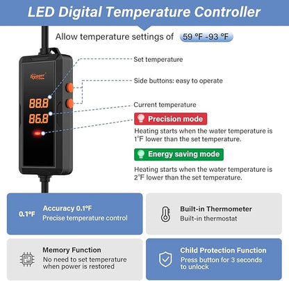 hygger 500w Aquarium Heater, Submersible Fish Tank Heater with Digital LED Controller and Intelligent Leaving Water Automatically Stop Heating System,for 75-130 Gallon Tanks
