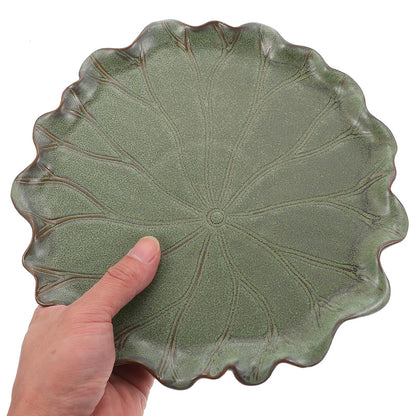 Yardwe Lotus Leaf Ceramic Plant Saucer Tray 9.44 Inch Bonsai Pot Base for Indoor Outdoor Succulent Planters Balcony Garden Protection