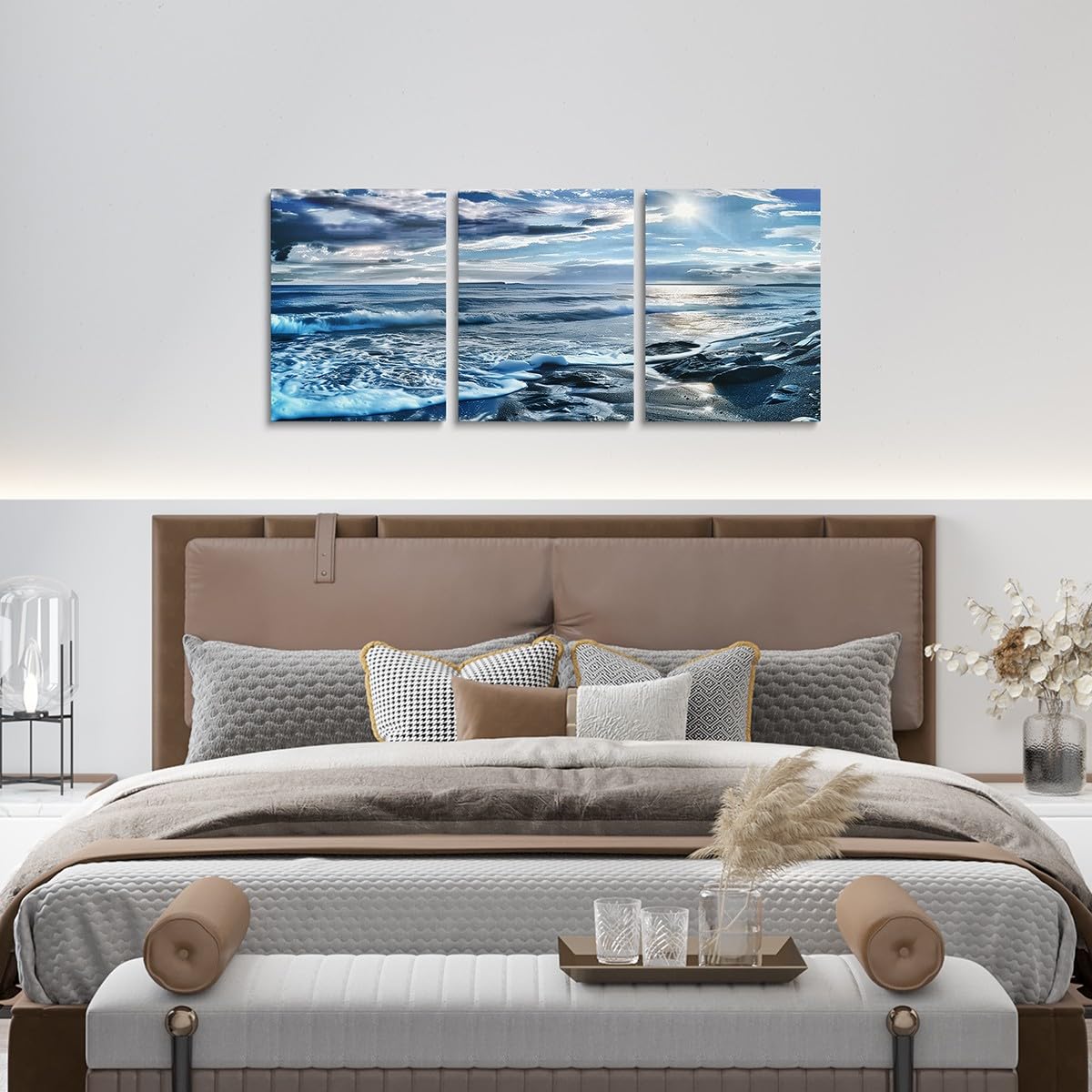 Canvas Wall Art Set of 3 for Living Room Bedroom, Blue Beach Paintings Wall Decor Ocean Sea Wave Print Wall Art Ocean Scenery Poster Prints for Bathroom Home Decor,Rustic Farmhouse Artwork Decor