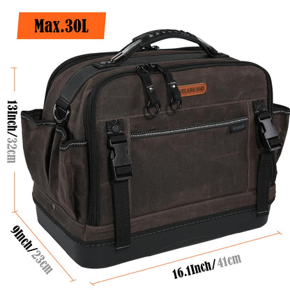 WELKINLAND 53Pockets Hard-Bottom HVAC Bag, Heavy-Duty Electrician Tool Bag,Waterproof Waxed Canvas Tools Bags, Top-Open 16 Inch Tool Bags,HVAC Service Bag For Men