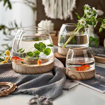 Asodomo Clear Glass Vase Fish Bowl Hydroponic Plant Vase with Wood Base Desktop Planter Terrarium Vases for Table Centerpiece Bedroom Living Room Home Office Decor (XL)