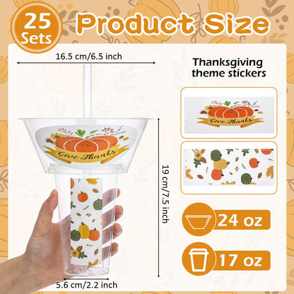 SiliFine 25 Sets of Thanksgiving Pumpkin Party Drink and Snack Cup with Straws Fall Disposable Plastic Tumbler with Snack Bowl Cup Thanksgiving Combo for French Fries Fried Chicken Fruit