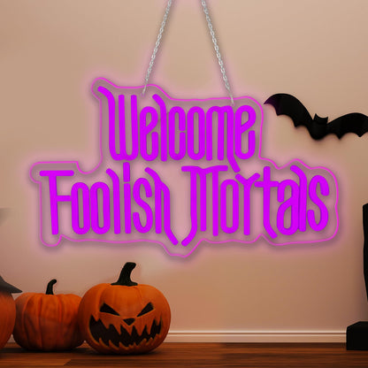 Halloween Welcome Foolish Mortals Neon Sign, Dimmable Gothic Haunted Coffin Halloween Decoration, USB Powered Neon Light, Wall Decor for Home, Bar & Party (Comes with Hooks, Nails and Adhesive Hooks)