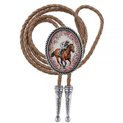 Jeilwiy Bolo Tie for Men Silver Equestrian Horse Racing Western Necktie Brown Leather Cowboy Bolero Tie for Jockeys and Horse Lovers
