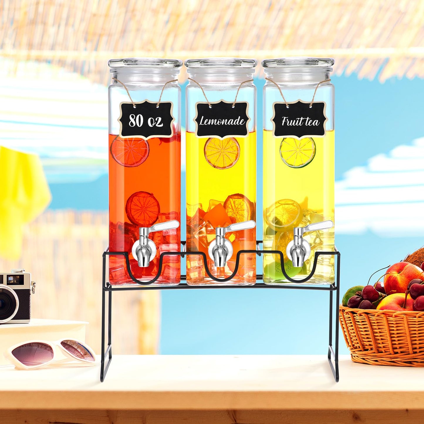 RimCereal 3 Pack 80 oz Tall Glass Drink Dispenser with Stand, Lid, Label and Stainless Steel Leakproof Spigot Beverage Water Dispenser Clear Mason Jar for Party Fridge(Square)