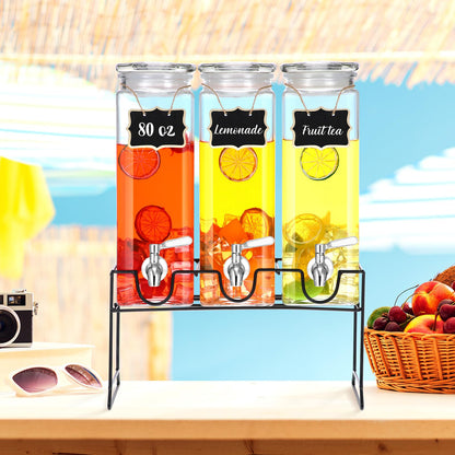 RimCereal 3 Pack 80 oz Tall Glass Drink Dispenser with Stand, Lid, Label and Stainless Steel Leakproof Spigot Beverage Water Dispenser Clear Mason Jar for Party Fridge(Square)