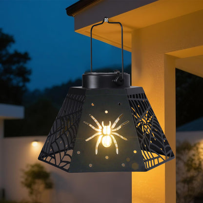 2 Pack Halloween Solar Lantern with Spider Web Design, Outdoor Hanging LED Light for Yard Patio Garden, Waterproof Metal Decorative Lamp for Halloween Decor