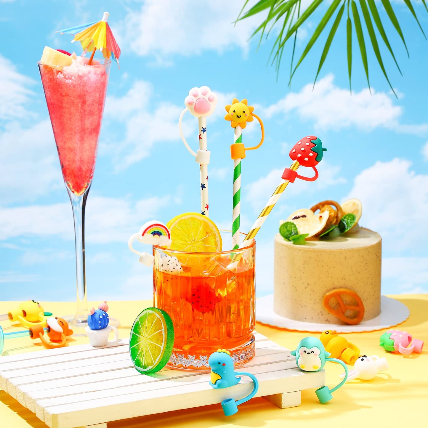 Nuenen 24 Pcs Straw Covers Caps Silicone Reusable Topper Tips Cute Cartoon Lids Splash Proof Plug for 6-8 mm Straws Tumblers Summer Beach Party Favors Home Kitchen Accessories
