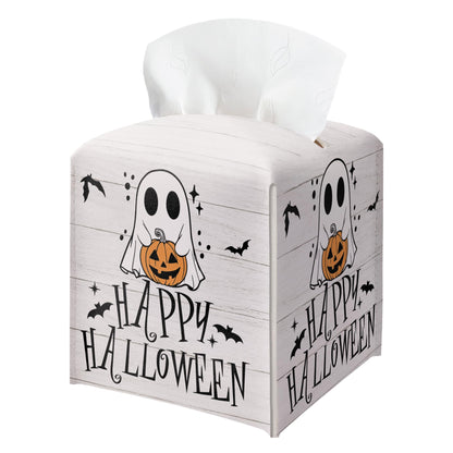 Happy Halloween Tissue Box Holder, Ghost Pumpkin Leather Tissue Box Cover Square, Cute Facial Paper Organizer Dispenser Toilet Paper Holder Decor for Bathroom Kitchen Office Home Accessory-A03