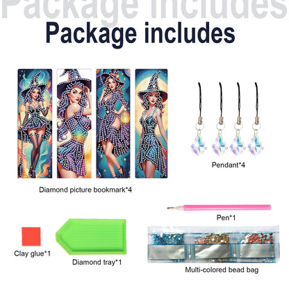 JISHSHAY 4 PCS Halloween Diamond Painting Bookmarks Witch Diamond Art Book Marks Witch Gem Art Bookmarkers Gem Painting Book Markers Horror Crafts for Adults DIY Bookmarks Embroidery Bookmarkers