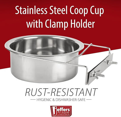 Jeffers Pet Stainless Steel Coop Kennel Cup with Screw On Clamp, 20 Oz – Durable, Rust Resistant Hangable Water & Food Feeder for Kennels, Coops & Cages - Chickens, Duck, Rabbits, Small Animals