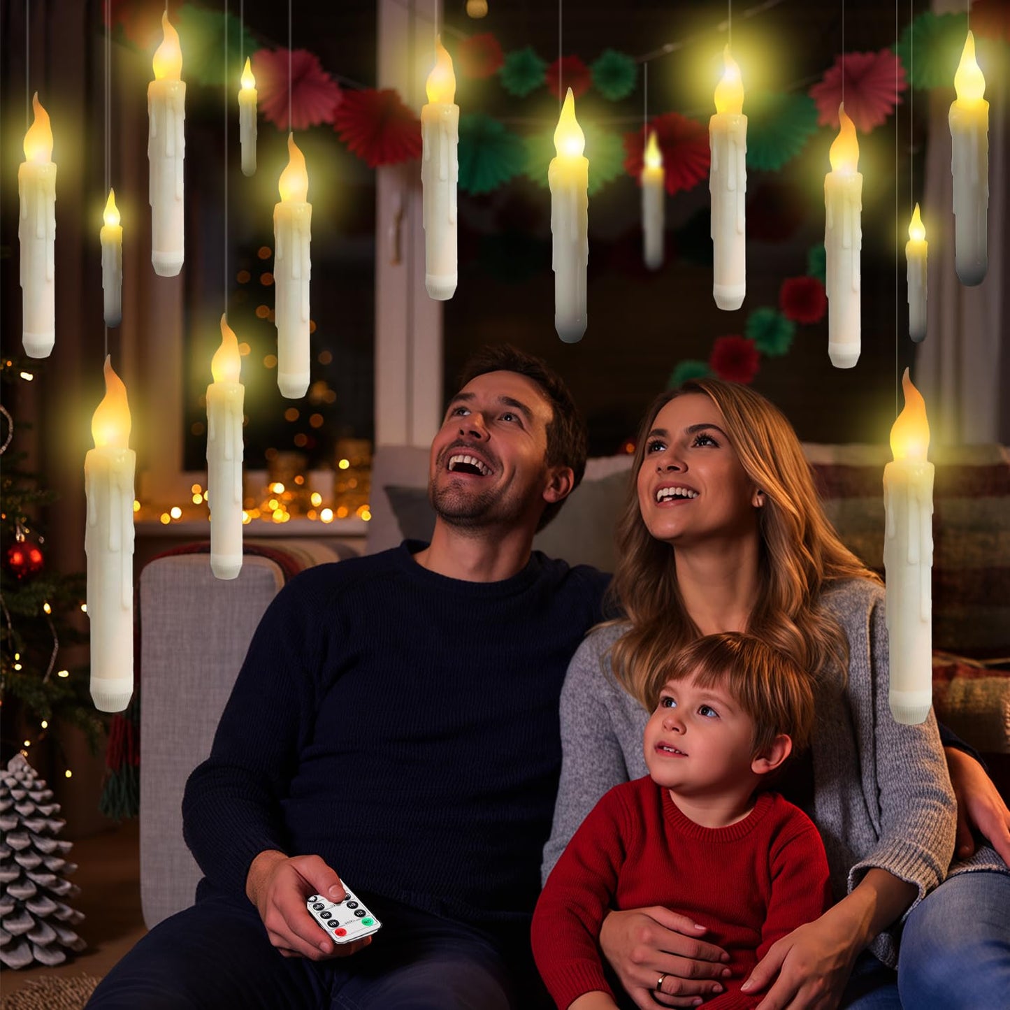 Floating Candles with Magic Wand Remote - 12 Pack Ivory Battery Operated Flickering Hanging Flameless LED Candle Lights,Realistic Taper Candles with String for Halloween,Christmas,Windows,Ceiling
