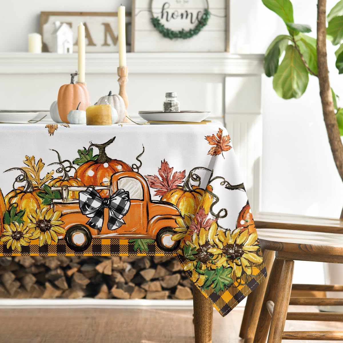 Horaldaily Fall Tablecloth 60x104 Inch Rectangular, Thanksgiving Autumn Harvest Orange Truck Gnome Pumpkin Buffalo Plaid Table Cover for Party Picnic Dinner Decor