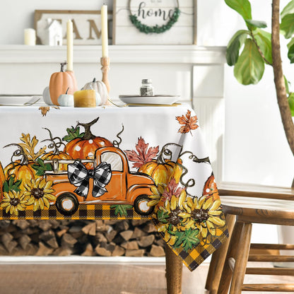 Horaldaily Fall Tablecloth 60x104 Inch Rectangular, Thanksgiving Autumn Harvest Orange Truck Gnome Pumpkin Buffalo Plaid Table Cover for Party Picnic Dinner Decor