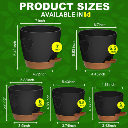 5-Pack Plant Pots with Drainage 7/6.5/6/5.5/5 Inch Self Watering Pots for Indoor Outdoor Plants, Plastic Flower Pots with Drainage Holes and Removable Saucers, Plant Pots with Wicking Rope (Black)