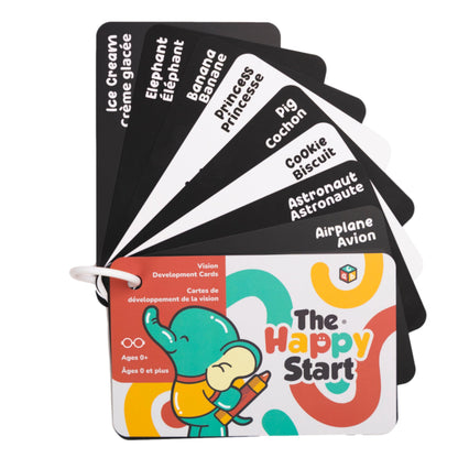 Happy Start High Contrast Baby Cards for Newborns - Black & White Cards, Water-Resistant, BPA-Free, Portable Educational Flashcards for Visual Stimulation, Award-Winning, Ages 0+(English & French)