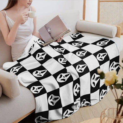 YWZDS Spooky Face Throw Blanket, Black and White Checkered Pattern, Halloween Ghost Blankets Fuzzy Gifts for Sofa Couch Bedroom (40 * 50 inch)