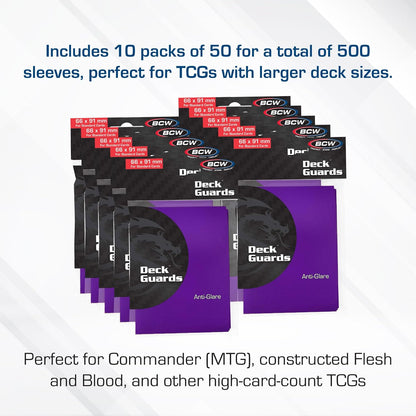BCW Deck Guard - Double Matte Card Sleeves | 500 Count Box (10 Packs of 50 Sleeves) |Acid-Free, No PVC | Fits 2.5" x 3.5" Game Cards | Archival Safe Sleeves for Card Protection (Purple)