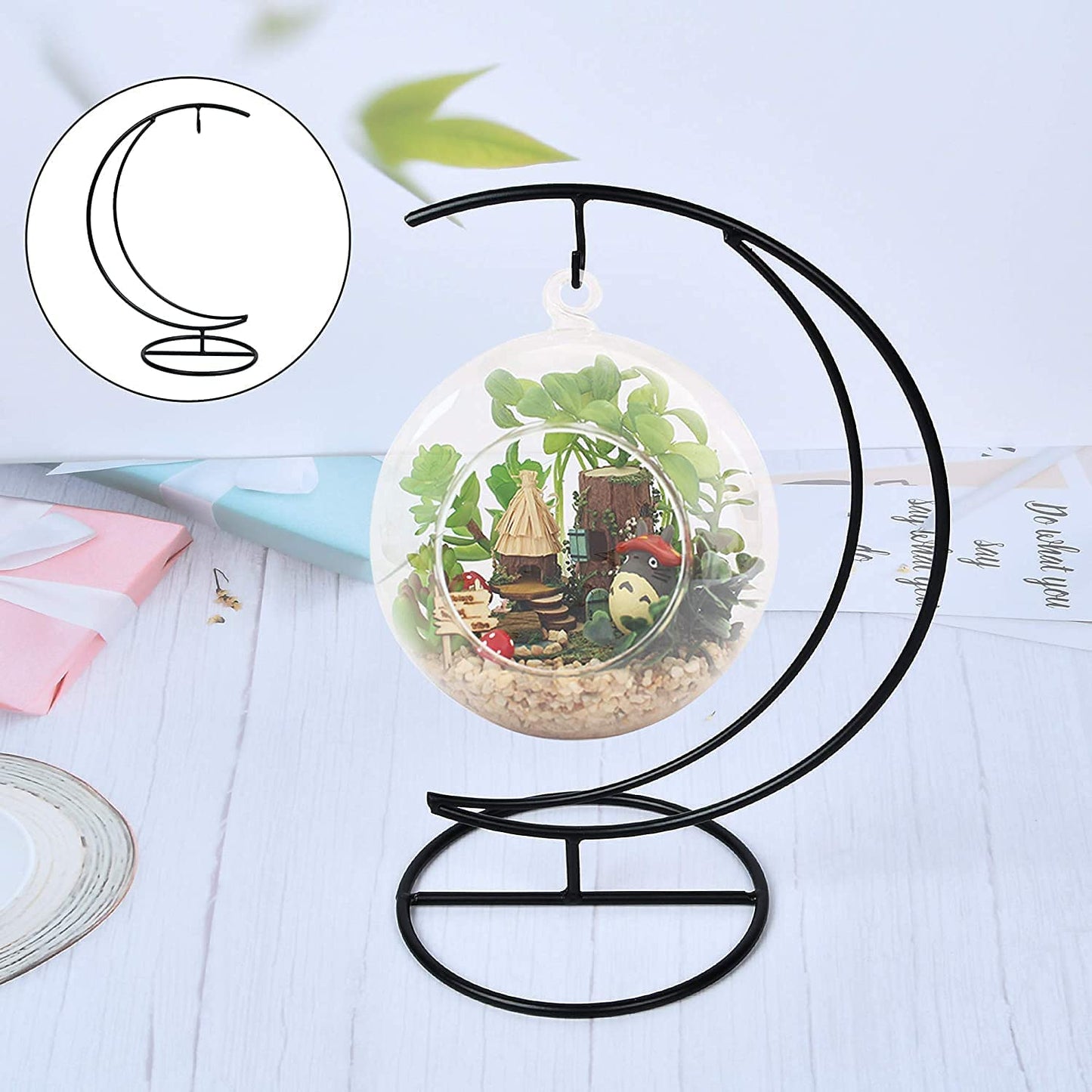 Archi Ornament Display Stand Holder Home Wedding Decoration Rack for Hanging Glass Globe Air Plant Flower Pot Stand Iron Pot Hook Stand Terrarium Witch Ball(Moon)