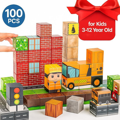 uMadeUs Magnetic Blocks for Kids Ages 4-8 – 100 Pc Construction Toys for Kids with Trucks & Cranes – 3D Pixel Cubes, STEM Building Toys for Boys & Girls Ages 3-12