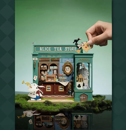 Rolife DIY Miniature House Kit Alice's Tea Store, Tiny House Kit for Adults to Build, Mini House Making Kit with Furniture, Halloween/Christmas Decorations/Gifts for Family Friends (Alice's Tea Store)
