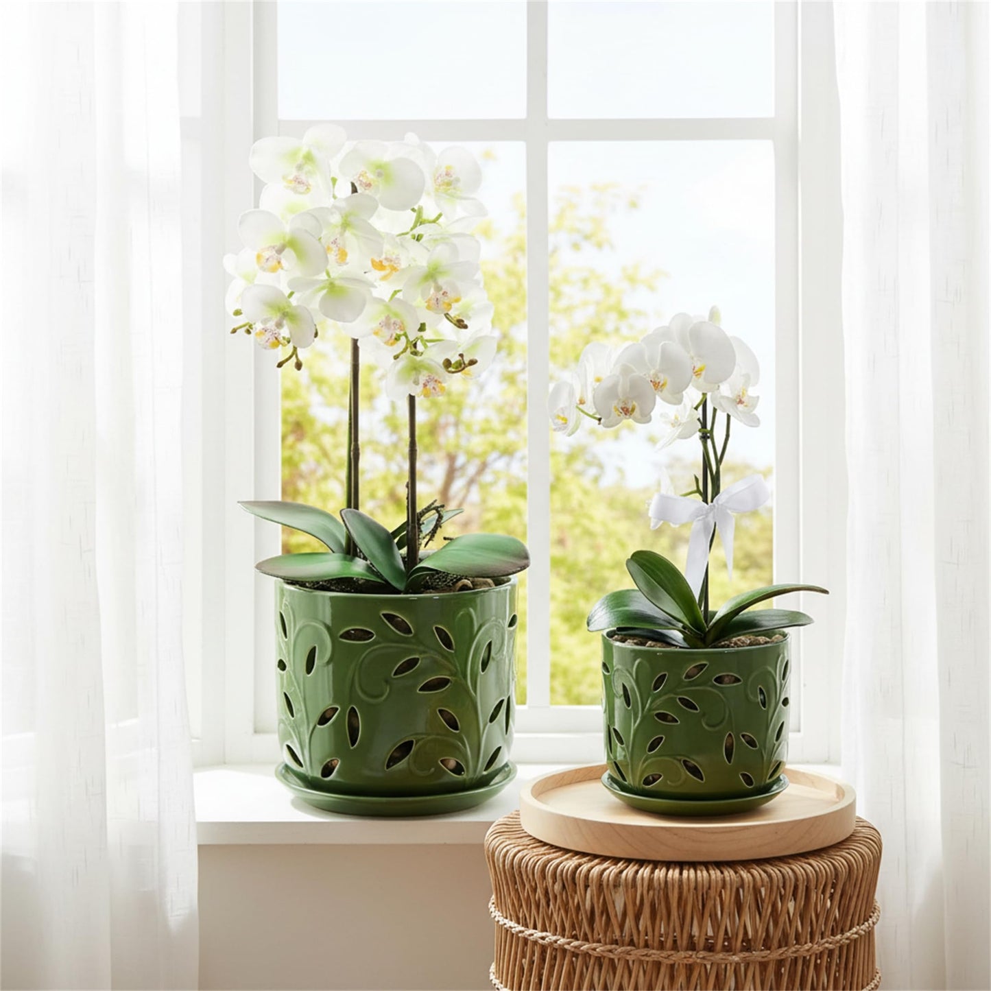 EFISPSS Orchid Pot with Holes, 5+6Inch Ceramic Plant Pots with Drainage Holes and Tray, Promoting Air Circulation and Drainage, Indoor/Outdoor Flower Pots-Green