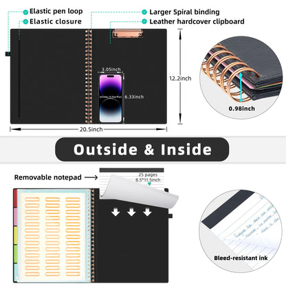 Ospelelf Leather Clipboard Folio with Notepad for Letter Size, Spiral Clipboard Folder with Storage Zipper Pouch, 5 Folders with 10 Pockets, 39 Divider Label Stickers, Pen Loop Series (Black)