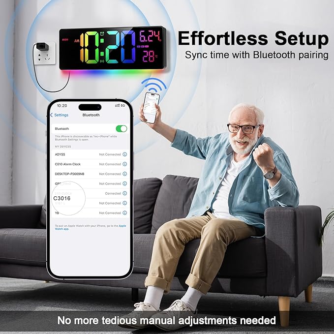16" Bluetooth Large Digital Wall Clock/Auto Time Sync, 10 RGB Colors Digital Clock Large Display with Remote, Auto-Dimming/DST, Calendar, Timer, Alarm, 6 Night Lights Big Clock for Decor