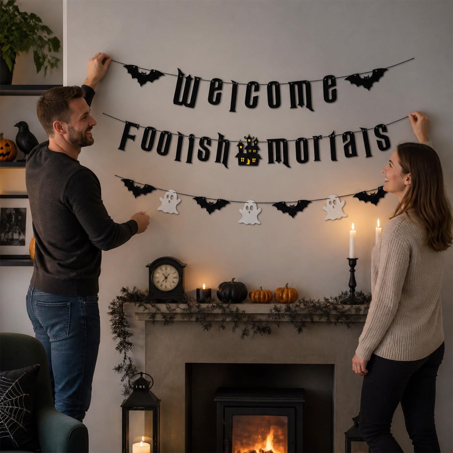 Welcome Foolish Halloween Mortals Banner Party Decorations Glitter Halloween Haunted House Gothic Mansion Decor Bat Spider Ghost Theme Sign for Indoor Laundry Room Farm Bar Home Wall Mantle Decor