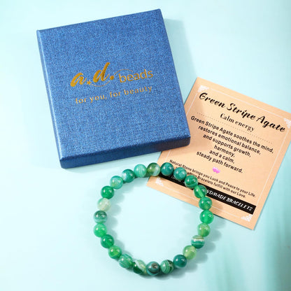 AD Beads 8mm Handmade Green Stripe Agate Elastic Bracelet – Natural Gemstone for Calm energy – Meditation, Yoga, Healing and Energy Gift for Men Women