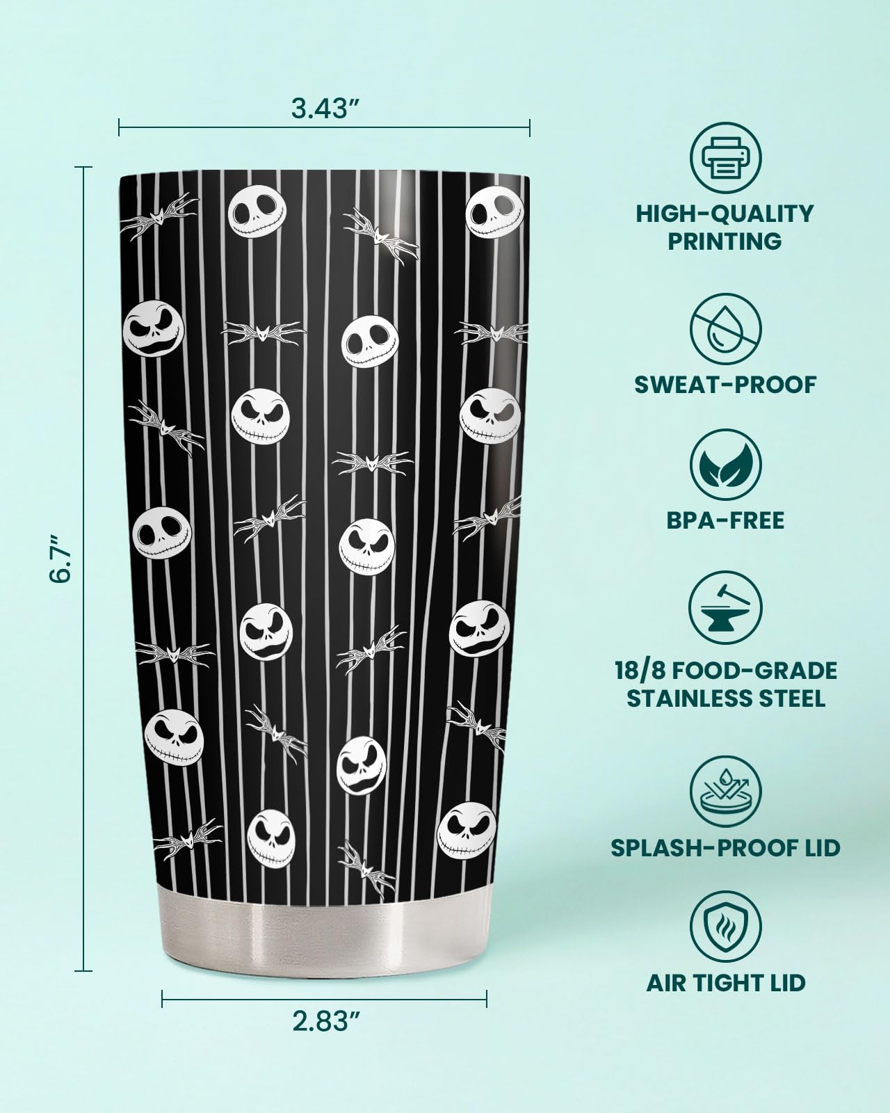 fat mummy Gothic Skeleton Tumbler 20oz Stainless Steel Insulated Travel Mug Black White Striped Spooky Skull Pattern Halloween Aesthetic Cup Gifts for Fans Birthday
