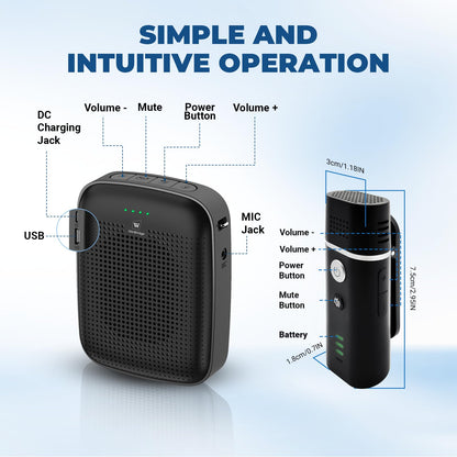 Voice Amplifier with Wireless Lapel Microphone - Personal Megaphone for Teachers, 15W Portable Mini Bluetooth PA System and Clip-on Lavalier Mic for Classroom, Speech, Yoga, Tour Guide - A006