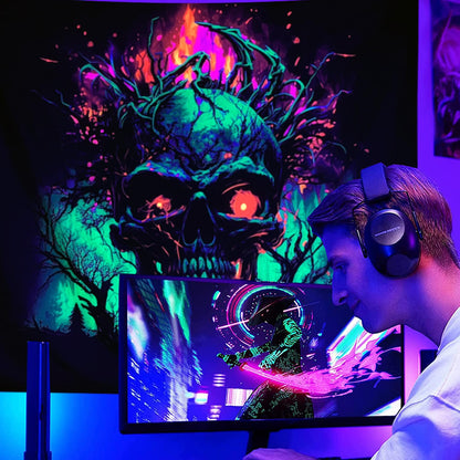 SparkLia Blacklight Fire Skull Tapestry, UV Reactive Burning Skeleton Horror Wall Hanging, Glow in the Dark Scary Dark Forest Surreal Artwork Wall Tapestries Halloween Decor for Bedroom, Living Room - 51.2" x 59.1"