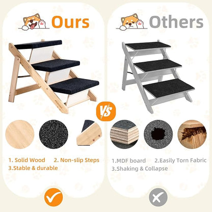 MEWANG Wood Pet Stairs & Ramp for Small/Medium Dogs and Cats, Aging Pets – 2-in-1 Foldable, Portable, Non-Slip Pet Ladder for Tall Beds, Couches,Cars–Holds Up to 220 lbs (24.8" L x 17.2" W x 19.5" H)