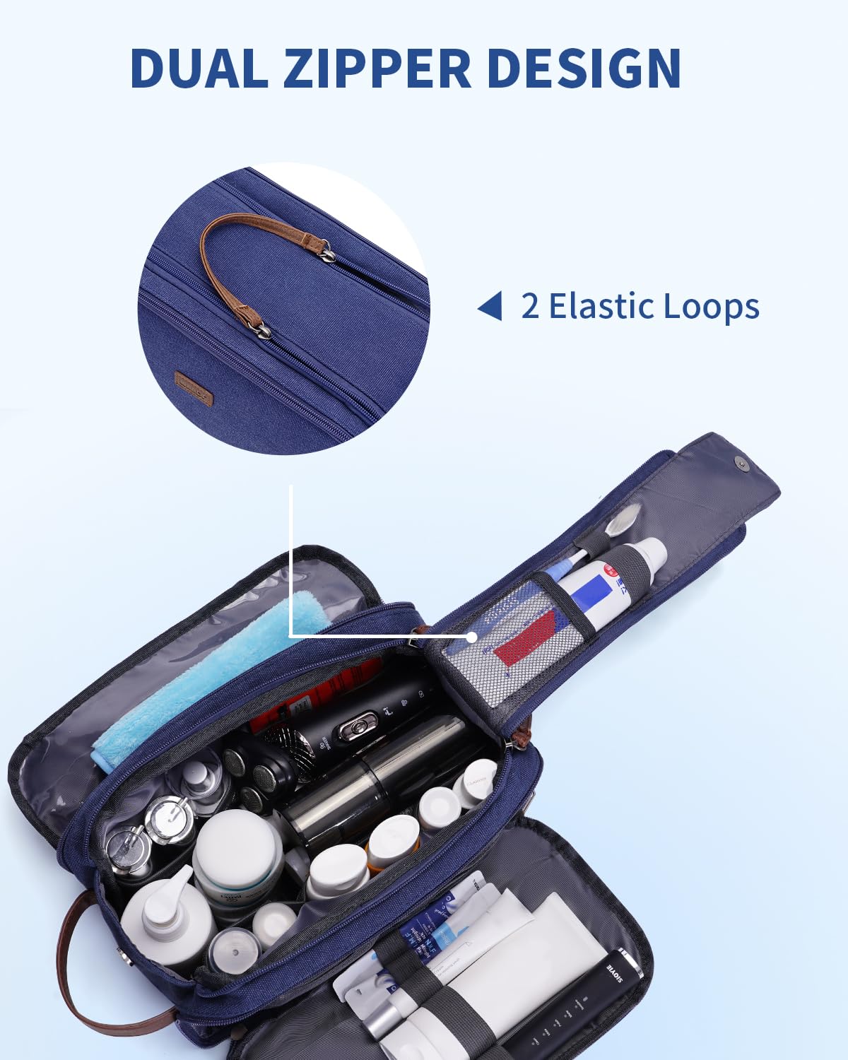 WANDF Toiletry Bag for Men Travel Toiletry Organizer Canvas and Leather Dopp Kit Water-Resistant Shaving Bag for Travel Accessories (Blue, Large)