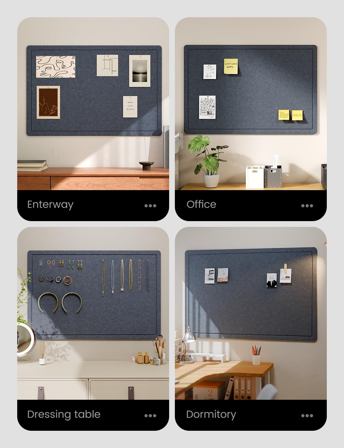 Fluxynara Bulletin Board,35.4" x 23.6" Cork Board Alternative with 12 Safe Removable Adhesive Tabs, Foldable Felt Pin Board for Home Office, Classroom, Bedroom,Entryway for Walls—Navy Blue