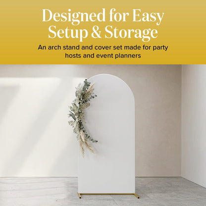 7.2FT Gold Wedding Backdrop Arch Stand with White Spandex Cover – Metal Frame, Water Weights & Storage Bag – Party, Birthday, Baby Shower, Bridal Shower, Wedding Ceremony, Photo Booth Decor