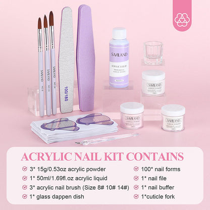 SAVILAND Essentials Acrylic Nail Kit Starter: Acrylic Nail Kit for Beginners with Everything White Pink Clear Acrylic Powder and Liquid Set #8/10/14 Nail Brush Forms Manicure Tools Home Nail Salon DIY