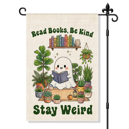 JQYCJTR Read Books Be Kind Stay Weird Garden Flag Double Sided Yard Outdoor Decoration 12x18 Inch, Reading Cute Ghost Outdoor Yard Garden Flag, Plant Lover Home Decor Banner, Gifts for Book Lovers