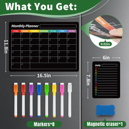 FINDMAG 4 Pack Magnetic Dry Erase Board Set, 16.5"x11.8" Magnetic Calendar for Refrigerator, Fridge Calendar Magnet, Black Weekly Planner Whiteboard for Fridge, Easy to Use with 8 Markers & Eraser