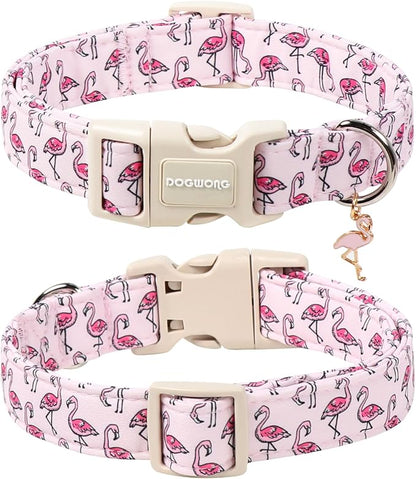 DOGWONG Cute Pet Dog Collar Pink Flamingos Cotton Dog Collar- Soft Girl Puppy Adjustable Pet Collars for Small Medium Large Dogs,M