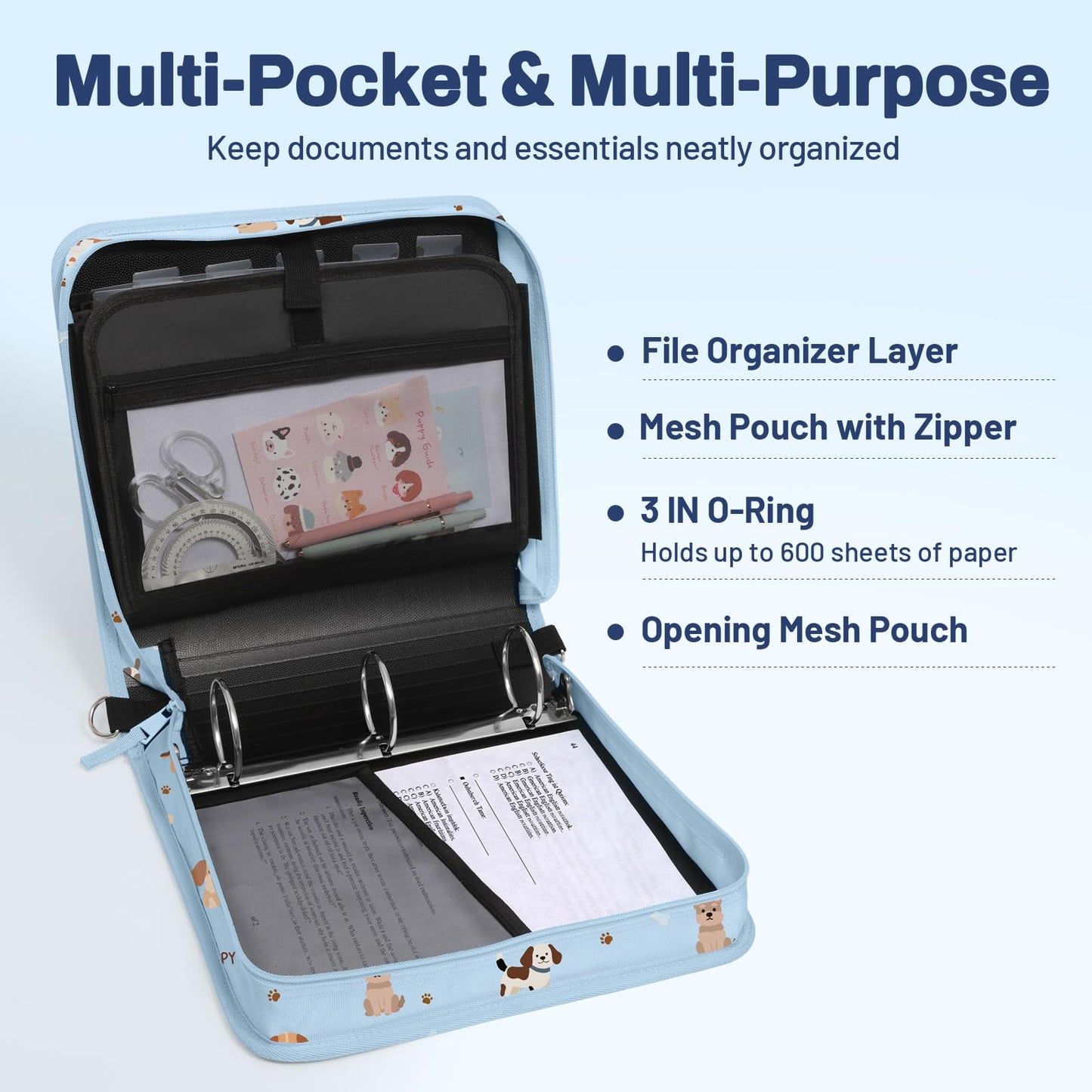 SUNEE Zipper Binder 3 Ring, 3 Inch O-Ring with Handle and Shoulder Strap, 600-Sheet Capacity, 5-Tab Expanding File Folder, Multi-Pockets for Middle School Organizer Binder with Zipper, Blue Dog